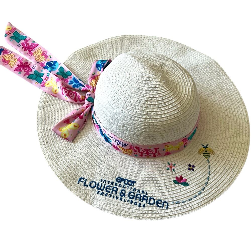 Disney Epcot Flower & Garden Festival Sun Hat Wide Brim Ribbon Embroidered 2024